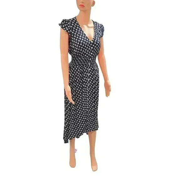 Navy Floral Midi Dress with Cap Sleeves - Picture 1 of 7